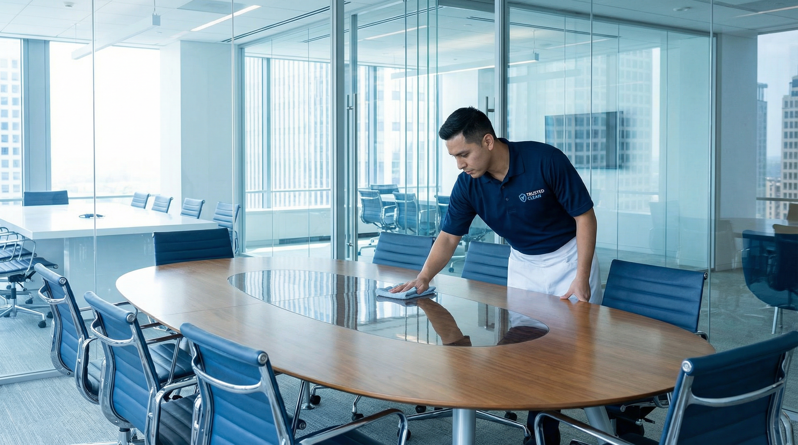 Escritório comercial limpo e organizado pela Chama a Nelma